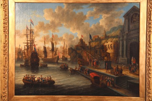 XVIIIe siècle - École hollandaise Peter VAN DE VELDE « Port imaginaire »