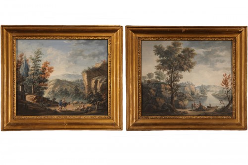 Paire de gouaches, Paysages animés - Ecole française du XVIIIe siècle