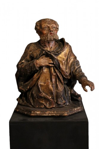 St Pierre en buste, Bois polychrome et doré, Italie XVIIe