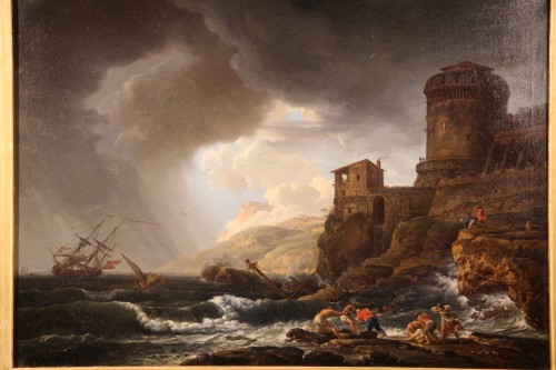 Bateaux dans la tempête - Ecole française fin XVIIIe - Tableaux et dessins Style 