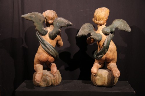 Sculpture Sculpture en Bois - Paire d’anges adorateurs en bois polychromé, Alpes ( Tyrol ou Savoie) époque XVIIe siècle