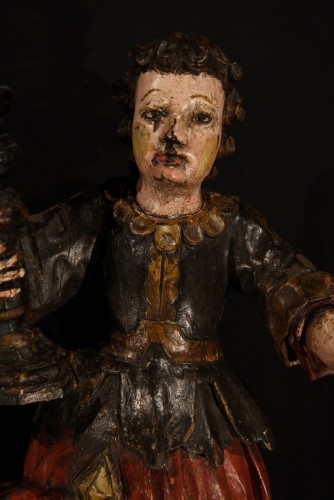 Art sacré, objets religieux  - Paire de porte-torchères Noyer sculpté et polychrome Espagne XVIIe