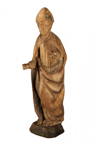 Saint évêque en bois de tilleul avec traces de polychromie, Travail rhénan du XVIe