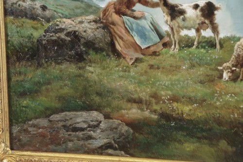 Théodore Lévigne (1848-1912). - Bergère et moutons en montagne - Antiquités Saint Jean
