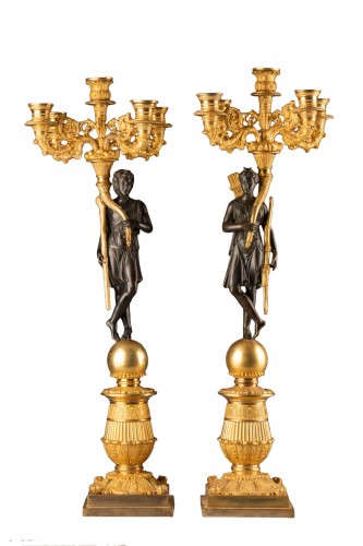 Paire de candélabres en bronze patiné et doré Epoque Empire