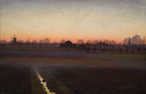 Albert Larsson (1869-1952) - Paysage crépusculaire avec moulin à vent et église