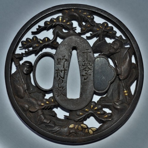 Tsuba en fer incrusté d'or "Jo et Uba", Japon période Edo - 