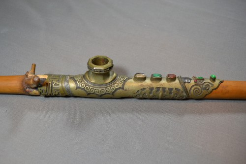 Pipe à opium en bambou, métal et jadéites, Chine dynastie Qing 19e siècle - 