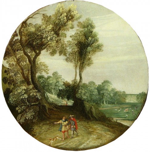 David II Ryckaert (Anvers 1586-1642) Paysage avec deux voyageurs et un chien