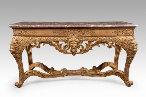 Antiquités - Table à gibier d'époque Régence en bois sculpté doré et marbre Rouge Royal