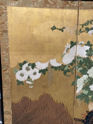 XVIIIe siècle - Paravent , chariot portant des fleurs, Japon période Edo