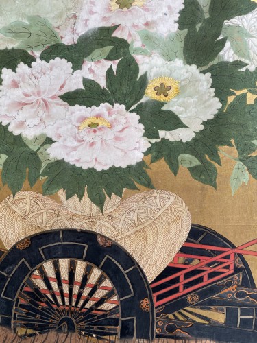 Antiquités - Paravent , chariot portant des fleurs, Japon période Edo