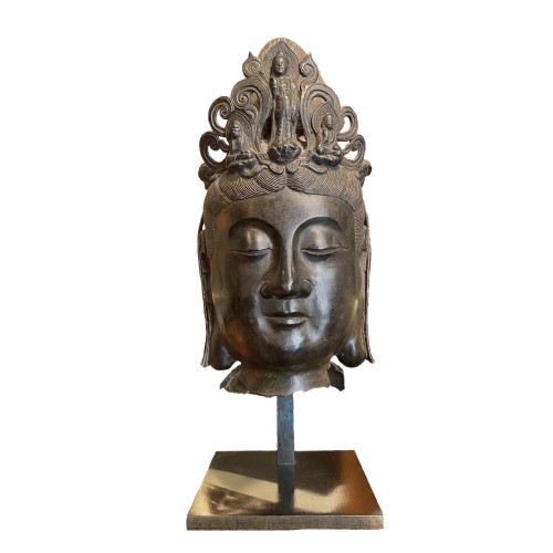 Grande tête de Bodhisattva en bronze, Chine 19e siècle