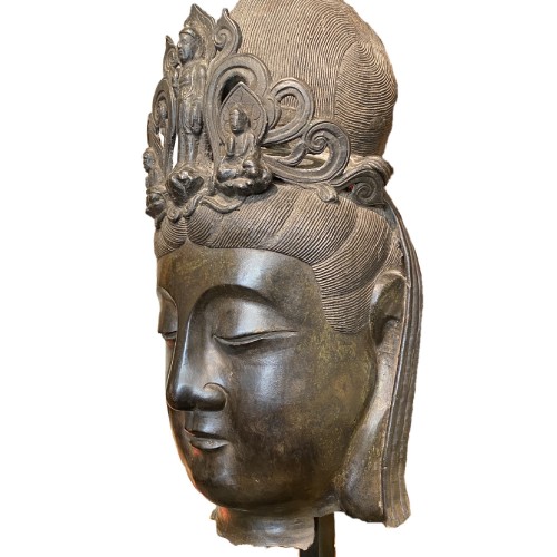 XIXe siècle - Grande tête de Bodhisattva en bronze, Chine 19e siècle