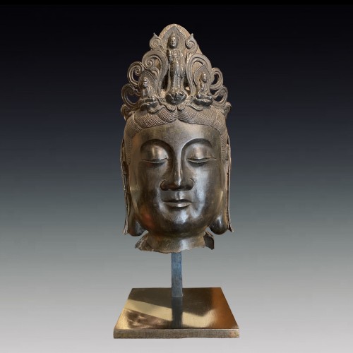Grande tête de Bodhisattva en bronze, Chine 19e siècle - 