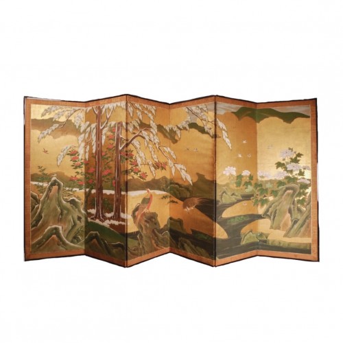 XVIIIe siècle - Japon, Paravent à six feuilles, école de Kano, période Edo