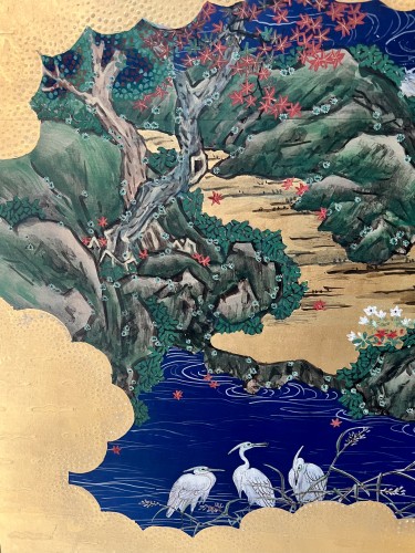 XIXe siècle - Paravent à 6 feuilles, scènes du Dit du Genji - Japon période Edo vers 1800