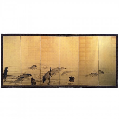 Japon, Carpes, paravent à six feuilles par Mori Ippo 1798-1871
