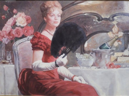 Leon Zeytline (1885 - 1962) - Élégante à la robe rouge et à l'éventail