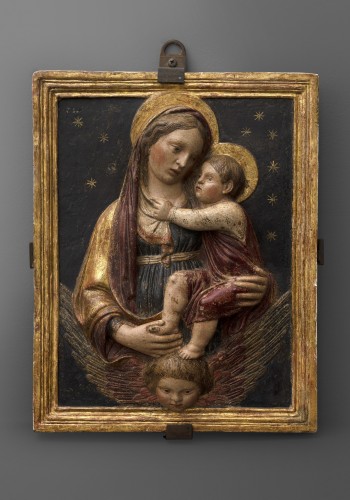 Vierge à l'Enfant relief du XVe siècle, attribué à Domenico di Paris - Sculpture Style Renaissance