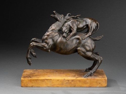 Sculpture Sculpture en Bronze - Chien attaquant un cerf, Rome vers 1800