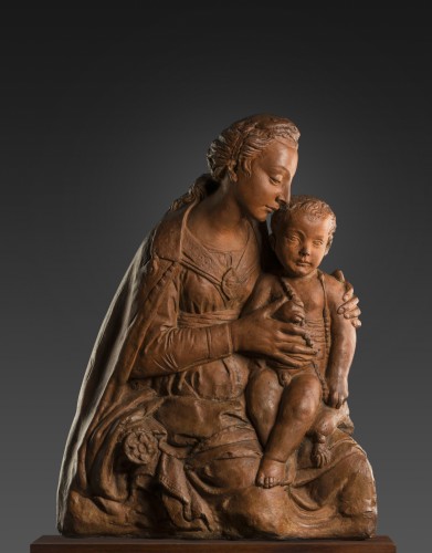Vierge à l'enfant, Terre cuite vers 1460-1480 - Sculpture Style Renaissance