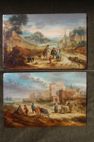 Paire de paysages animés, Ecole hollandaise du XVIIe siècle - Tableaux et dessins Style Louis XIV