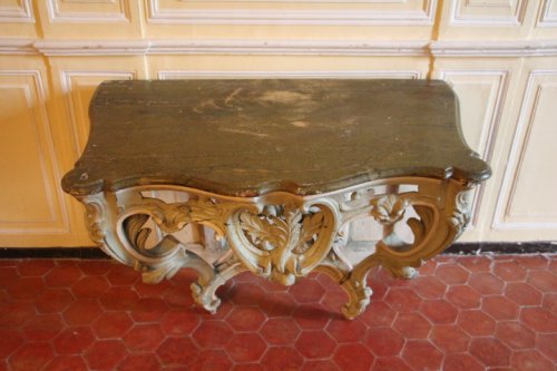 Mobilier Console - Console en bois laqué vert époque Louis XV, plateau à l'imitation du marbre
