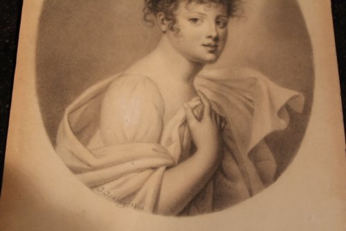 Fusain dame de qualité, signé J. Isabey 1810 - Didascalies