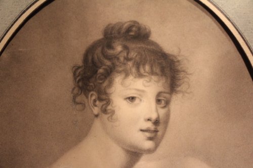 XIXe siècle - Fusain dame de qualité, signé J. Isabey 1810