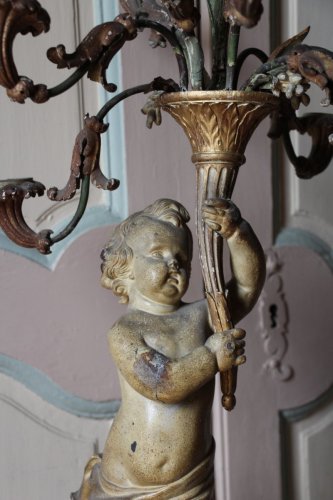 Antiquités - Importante paire de candélabres aux chérubins, Italie XVIIIe siècle