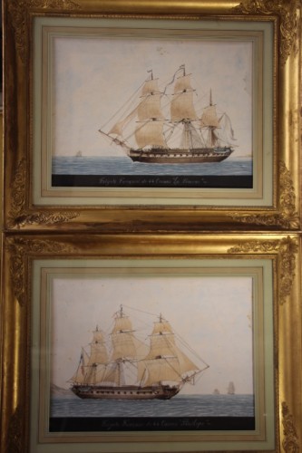 Antoine Roux (1765-1838) - Paire de portraits de bateaux, aquarelle - Tableaux et dessins Style Directoire