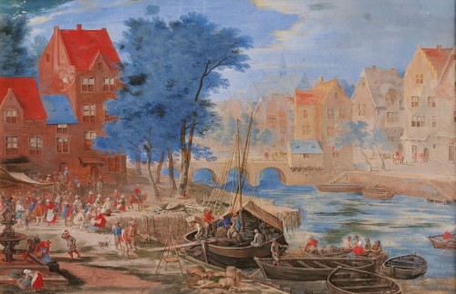 Gouache représentant un embarquement dans un port fluvial  - Ecole flamande du XVIIe, siècle