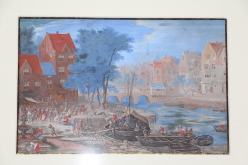 Gouache représentant un embarquement dans un port fluvial  - Ecole flamande du XVIIe, siècle - Didascalies
