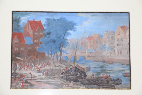 XVIIe siècle - Gouache représentant un embarquement dans un port fluvial  - Ecole flamande du XVIIe, siècle