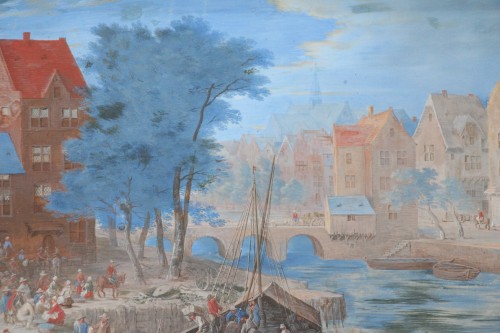 Gouache représentant un embarquement dans un port fluvial  - Ecole flamande du XVIIe, siècle - Louis XIV