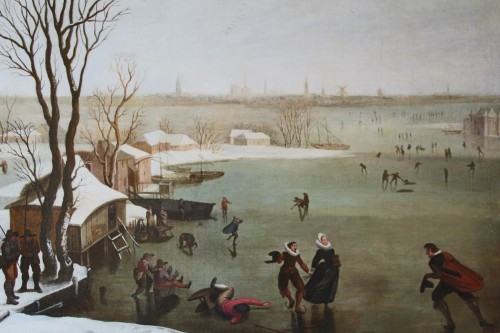 XVIe siècle et avant - Patineurs sur un lac gelé - École Hollandaise de la fin du XVIe siècle