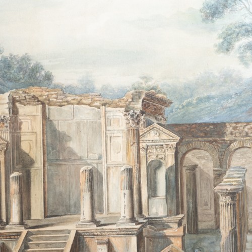 XIXe siècle - Aquarelle d'une ruine de temple, probablement 19e siècle