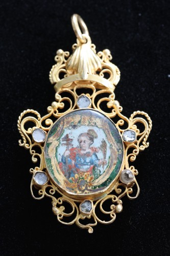 Pendentif reliquaire double face, verre eglomisé - Bijouterie, Joaillerie Style Louis XV