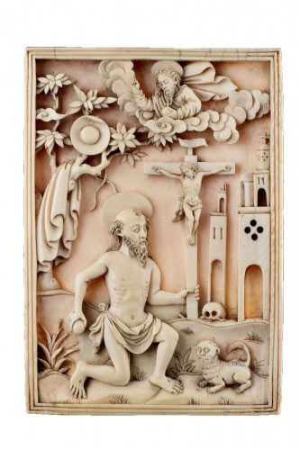 Plaque de dévotion en ivoire sculpté représentant Saint Jérôme, Macao portugais