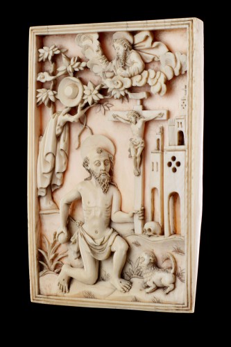 Plaque de dévotion en ivoire sculpté représentant Saint Jérôme, Macao portugais - Sculpture Style 