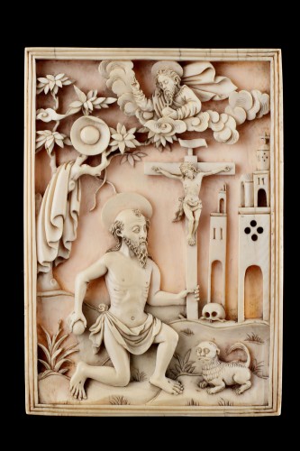 Plaque de dévotion en ivoire sculpté représentant Saint Jérôme, Macao portugais - 