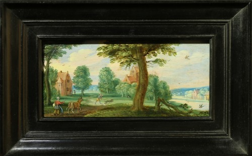 Tableaux et dessins Tableaux XVIIe siècle - Quatre paysages pastoraux avec des paysans - Attribué à Izaak van Oosten (1613-1661)