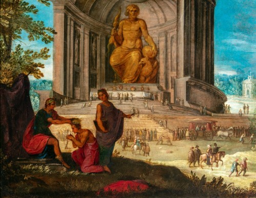 Attribué à Louis de Caullery (1580-1621) - La statue de Jupiter à Olympie et le temple de Diane à Éphèse - Tableaux et dessins Style Renaissance