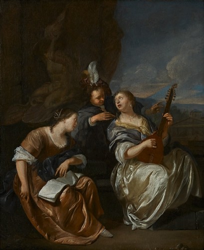 Jacob Toorenvliet (1640-1719) - Trois musiciens élégants à la Fontana del Tritone, Une Allégorie de l’Harmonie