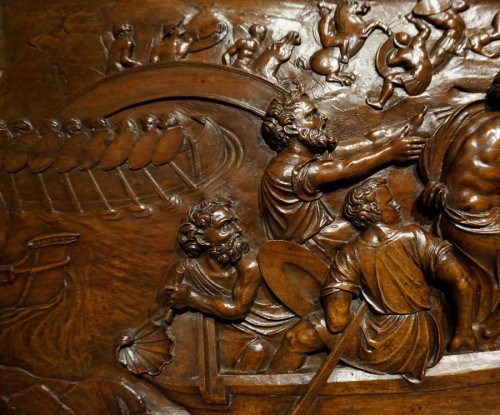 Panneau Renaissance à sujet mythologique, bois sculpté , XVIe siècle - Sculpture Style Renaissance