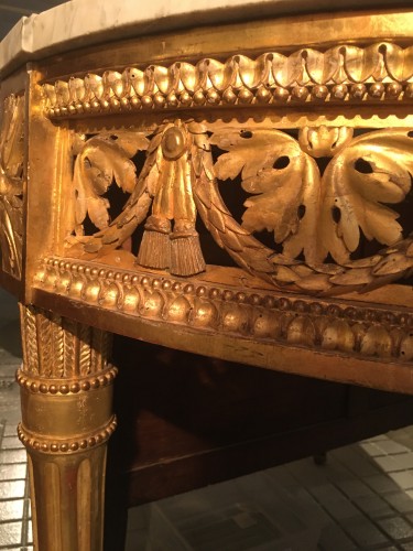 Console demi lune Louis XVI en bois doré Marbre blanc veiné d'origine - Mobilier Style Louis XVI