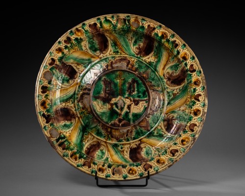 Plat deux anges - Castelfiorentino XVIe siècle - Céramiques, Porcelaines Style 