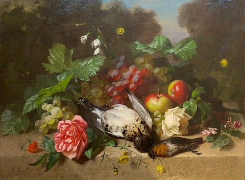 Henri ROBBE (1807-1899) - Oiseaux, fleurs et fruits - Tableaux et dessins Style Napoléon III