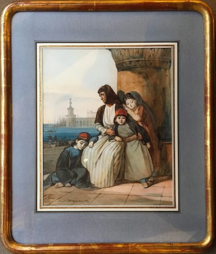 Joseph-Nicolas ROBERT-FLEURY (1797-1890) - Une famille de réfugiés grecs, peinte à Venise en 1824 - Tableaux et dessins Style Restauration - Charles X